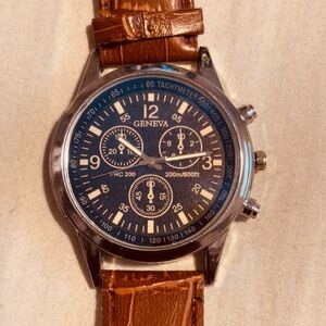 Geneva Blue Dial Watch with Brown Strap